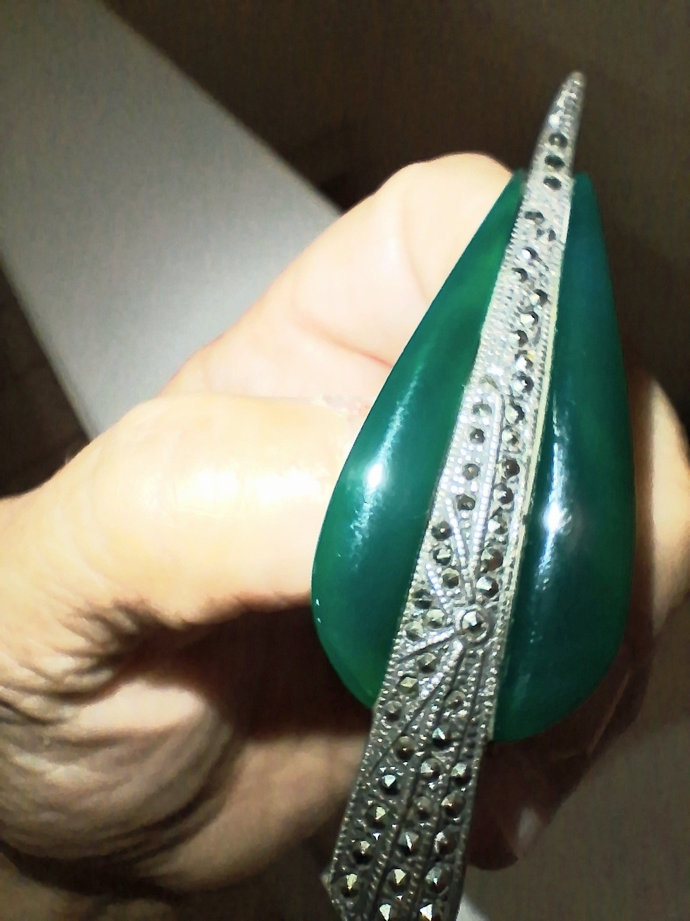 Antique Vintage Art Deco Sterling Silver Chrysoprase & Marcasite Brooch